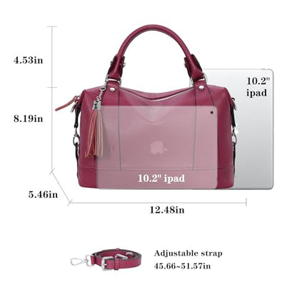 HESHE Genuine Leather Purse for Women Satchel Tote Bags Shoulder Handbags | Soft Top Grain Leather,Tassel,Large Capcity,Adjustable Long Strap,Roomy,Top Handle,Crossbody,Trendy,Travel,Work,Daily Use - color: Purple Red