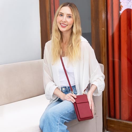 BULL GUARD Crossbody Bag for Women, Leather Phone Wallet Purse with Adjustable Anti Theft Strap & RFID Blocking 12 Card Slots - color: Red Velvet Bliss Latte - Small