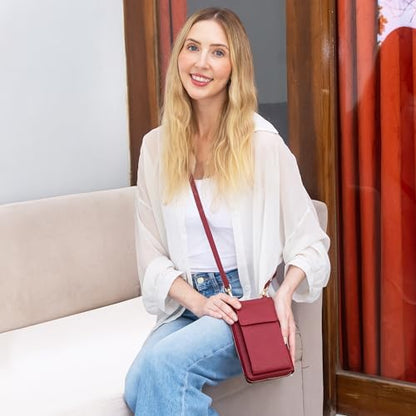 BULL GUARD Crossbody Bag for Women, Leather Phone Wallet Purse with Adjustable Anti Theft Strap & RFID Blocking 12 Card Slots - color: Red Velvet Bliss Latte - Small