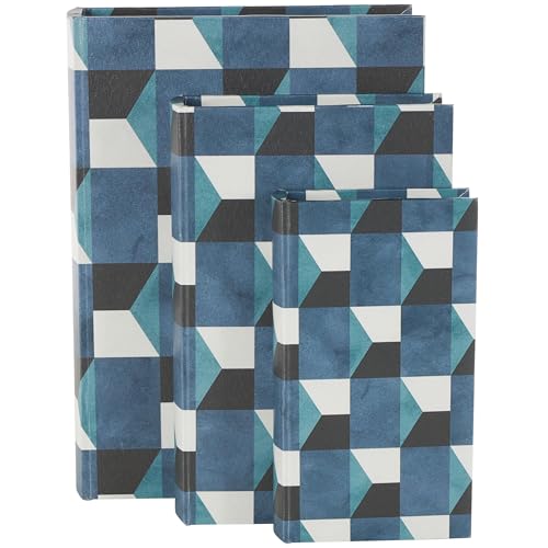 Deco 79 Faux Leather Decorative Box Faux Book Storage Book Shaped Boxes with Black and White Geometric Patterns, Set of 3 Decorative Keepsake Boxes 13", 11", 9"H, Blue - color: Blue, size: 13", 11", 9"H