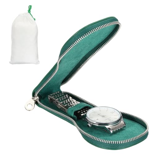 uxcell Leather Watch Pouch, 2.8 x 6.1 Portable Single Watch Case for Men with Zipper and Storage Bag Travel Case Jewelry Storage Bag Organizer for Men and Women, Green - color: Green