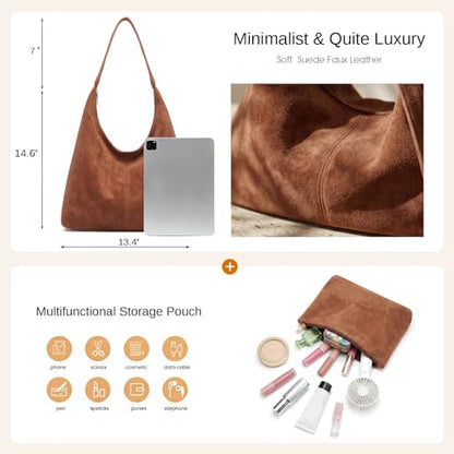 Slouchy Suede Hobo bag for Women Casual Shoulder Bag Soft Cresent Tote Purse Handbag Work Travel - color: Red Brown