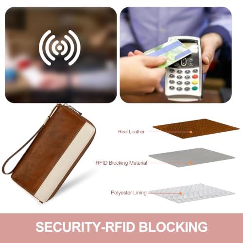 Real Leather Wristlet Wallet Women With RFID Blocking(brownwhite) | Large capacity design,12 credit card slots,1 Inner zipper coin pocket,2 Full-length Receipt Slots,2 cash compartments - color: a7-darkbrown white