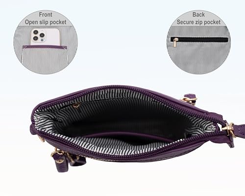 Small Crossbody Bag for Women, Multi Zip Pockets with Detachable Wristlet, Lightweight Travel Purse, Cell Phone Pouch - color: Purple