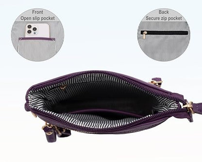 Small Crossbody Bag for Women, Multi Zip Pockets with Detachable Wristlet, Lightweight Travel Purse, Cell Phone Pouch - color: Purple