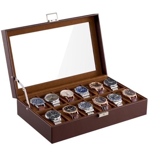 ProCase 12 Slots Watch Case Box for Men -Espresso | PU Leather Man Watch Organizer, Soft Pillow, Lockable Glass Display Lid, Storage Holder for Watch Collection - color: Espresso, size: 12-Slot