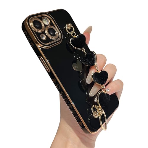 Caseative for iPhone 14 Case, Black | Cute Plating Love Heart Wrist Strap Chain Bracelet - color: Black