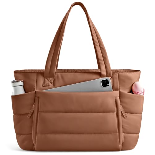 Uselike Tote Bag for Women with Zipper, Quilted Puffer Tote Bag with Compartments, Lightweight Puffy Work Bags for Women - color: Pecan Brown