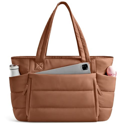 Uselike Tote Bag for Women with Zipper, Quilted Puffer Tote Bag with Compartments, Lightweight Puffy Work Bags for Women - color: Pecan Brown
