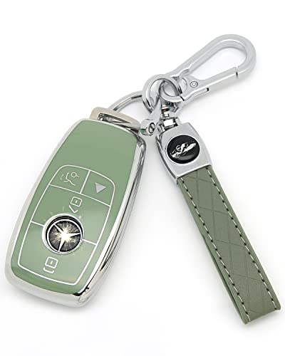 For Mercedes Benz Key cover & Key chain accessories (Green set) | Advanced soft TPU key Case is compatible with C E R S G S CLS CLK GLC ML GLE GLS SL SLR Maybach AMG Smart Remote Key - color: Key Case + Sheepskin Metal Key Chain(green)
