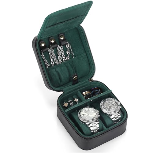2 Slot Travel Watch Case Men PU Leather Jewelry Box Portable Watch Storage and Jewelry Organizer Gift for Fathers Husband Boyfriend(Black Green) - color: Black Green
