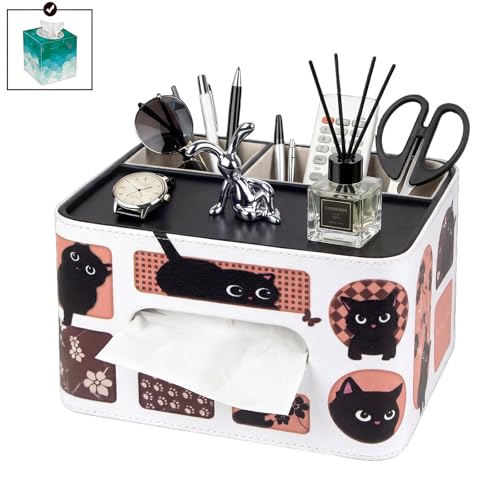 PU Leather Tissue Box Cover Square, Multifunctional Holder with Storage | Fits 120-Count (3-Ply) & 160-Count (2-Ply) Cube Tissues, Remote Control Organizer for Bedroom Desk Living Room (Cat) - color: Brown Cat