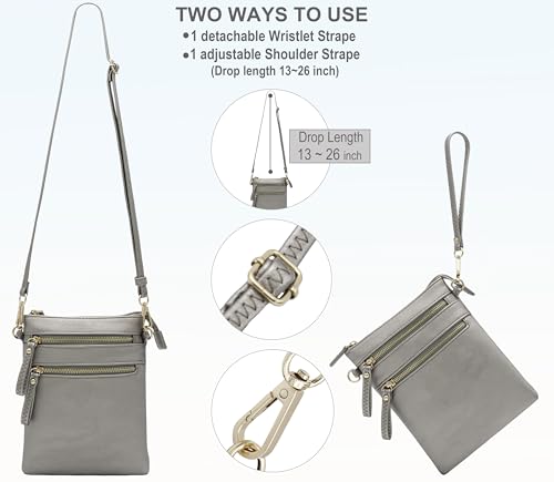 Small Crossbody Bag for Women, Multi Zip Pockets with Detachable Wristlet, Lightweight Travel Purse, Cell Phone Pouch - color: Light Pewter