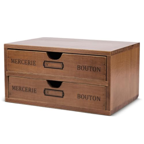 Flexzion Wooden Storage Box with 2 Drawers, Vintage Desktop Organizer | Compact Desk Organizer with Drawers for Office Supplies, Mail, Crafts and Vanity Items; 9.6 X 6.6 X 4.9 In; Fully Assembled - size: 2 drawer