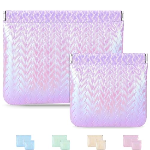 2 Pack Holographic Woven Cosmetic Pouch PU Leather Snap Closure | 7x5.5 & 4.5x4.5 or Large 7x5.5 Inch, Travel Daily Use, Coin Lipstick Holder, Purse Organizer, Stain-Resistant, 5 Colors - color: holographic Purple