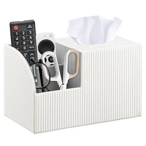 Square Tissue Box Cover with Storage, PU Leather Facial Cube Tissue Holder - color: White Rome