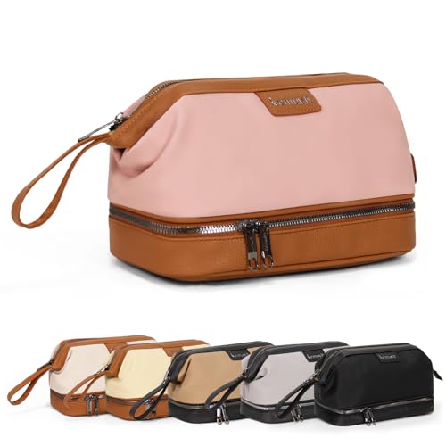 Travel Makeup Bag with Wet/Dry Compartments, Pink | Water Resistant Hybrid Leather Double-Layer Water-Resistant Toiletry Bag Cosmetic Organiser, 26x15x16cm - color: pink, size: double layer