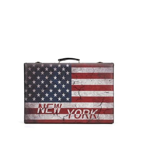 feilario Vintage Leather Storage Trunk, Wooden Core Decorative Prop | Wooden core, leather wrap and riveted corners create vintage charm for decor, photoshoots, gifting and display - color: US Flag-NY Print-S