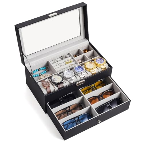 Men's Jewelry & Watch Organizer with Lock - 6-Grid Double-Layer Storage Box for Sunglasses and Accessories Leather Case with Glass Cover & Flannel Lining