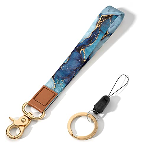 Wrist Lanyard Key Chain, Cute Wristlet Strap Keychain Holder for Women Men Car Keys ID Badges Card Wallet Phone Camera - color: Blue Gold Marble