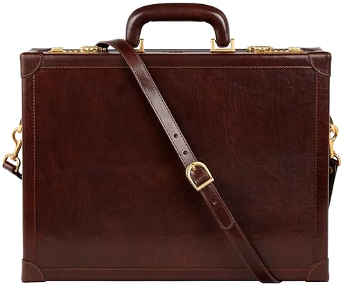Time Resistance Leather Attache Case - Full Grain Italian Leather Briefcase - Laptop Bag up to 15” - Hard Case with Lock