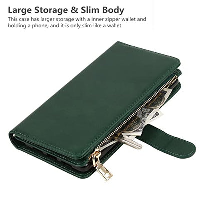iCoverCase for Samsung Galaxy S23 Wallet Case with Card Holder, Kickstand Feature PU Leather Case with Adjustable Crossbody Lanyard Magnetic Clasp Zipper Pocket Flip Cover (Green) - color: Green, size: Galaxy S23