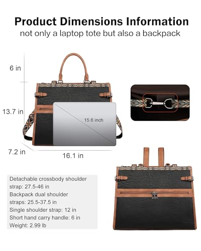 Laptop Bag for Women Designer PU Leather, 15.6inch | Large Tote Bags Backpack Purses with 15.6 Laptop Compartment Shoulder Handbag, for Office, Business, Travel, Daily Use - color: Retro Black With Brown