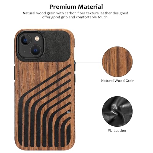 Magnetic Case Compatible with iPhone 13 Case [Compatible with MagSafe] Wood and Leather Carbon Fiber Design Hybrid Shockproof Phone Case 6.1" (Wood and Leather) - color: Wood Leather, size: iPhone 13