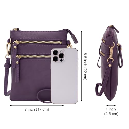 Small Crossbody Bag for Women, Multi Zip Pockets with Detachable Wristlet, Lightweight Travel Purse, Cell Phone Pouch - color: Purple