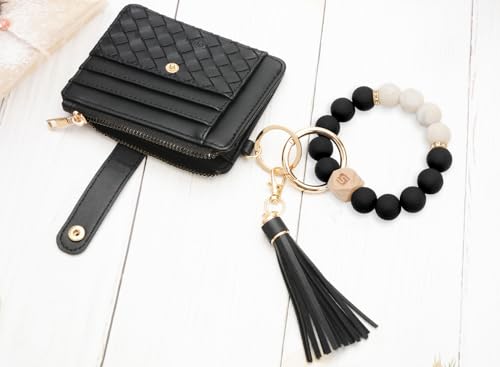 COOLANS Silicone Bracelet Wristlet Wallet Credit Card Holder RFID ID Window Key Ring Tassel Slim Wallet Women Keychain Purse - color: 블랙 실리콘 비즈 팔찌+카드 지갑