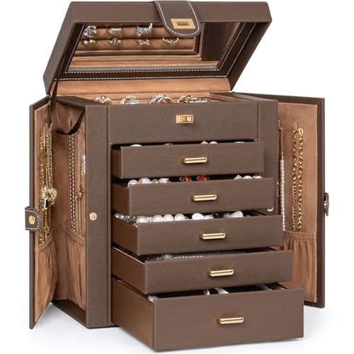 AKOZLIN 6-Tier Jewelry Box Organizer Functional 5 Drawers Leather Jewelry Storage Case for Women Girls Ring Necklace Earring Bracelet Holder Organizer with Mirror Medium Brown - color: Brown, size: Medium