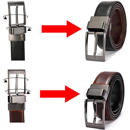 beltox fine Men's Dress Belt Leather Reversible 1.25" Wide Rotated Buckle Gift Box - color: Black Buckle With Cognac/Black Belt, size: 30-31