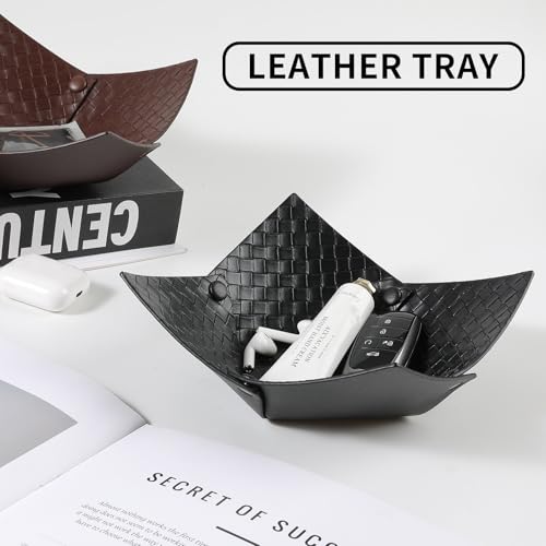 KINIVA 2 Pack PU Leather Jewelry Valet Tray for Men Women,Small Key Bowl for Entryway Table,Portable Travel Catchall Dice Tray (Bowl-Black-2pcs) - style: Bowl-Black-2pcs