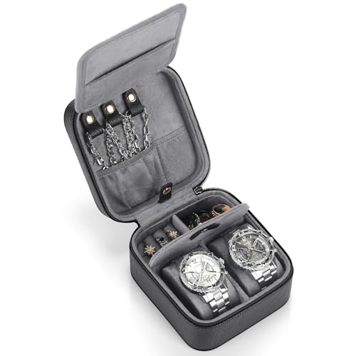2 Slot Travel Watch Case Men PU Leather Jewelry Box Portable Watch Storage and Jewelry Organizer Gift for Fathers Husband Boyfriend(Black Grey) - color: Black Grey