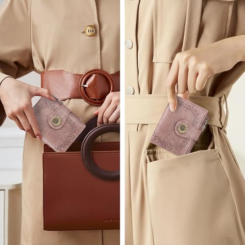 SENDEFN Small Wallets for Women Bifold RFID Blocking Leather Card Holder Compact Wallet with Zipper Coin Pocket - color: A-Pink