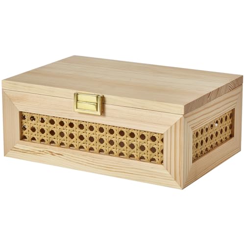Decorative Rattan Storage Boxes Baskets with Lid Wooden Frame | Solid Wood Woven Wicker Bins, Jewelry Keepsake Container, Natural Boho Decor, Desk Shelf Closet Organizer, Light Wood, Small - color: Light Wood, size: Set of 1 (Small)