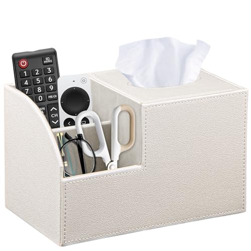 Square Tissue Box Cover with Storage, PU Leather Facial Cube Tissue Holder.TV Remote Control Holder, Desk Accessories Nightstand Organizer, Modern Table Caddy for Bathroom, Bedroom, Home, Office Decor - color: White