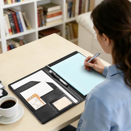 Padfolio Portfolio Folder,Faux Leather Legal Pad Holder,Interview Resume Folder with Document Organizer & Business Card Holder,Letter-Sized Notepad Holder (Black)