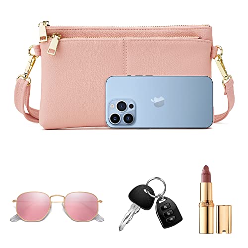 ZOOEASS Triple Zip Small Crossbody Bag Lightweight Purses Vegan Leather Wristlet Clutch, Includes Adjustable Shoulder - color: Pink