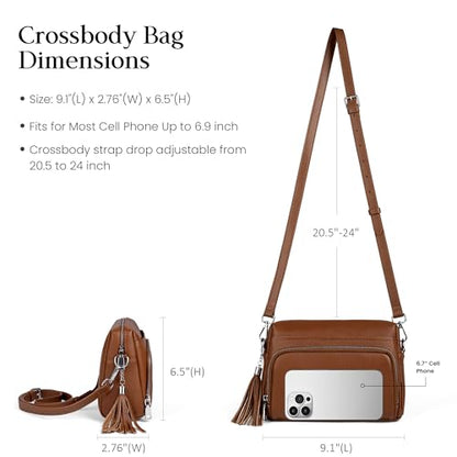 befen Genuine Leather Crossbody Bags for Women Leather Wallet Travel Purse | Real Leather, Purse with Built in Wallet, RFID Blocking Card Slots, Crossbody Bag with Wallet, Detachable Shoulder Strap - color: Cognac Brown