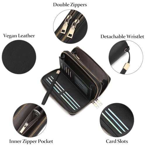 GOIACII Wristlet Wallets for Women 2 Zip Around Ladies Clutch Black | RFID Blocking, Vegan Leather, Large Capacity, Credit Card Holder, Phone Holder Purse - color: Black
