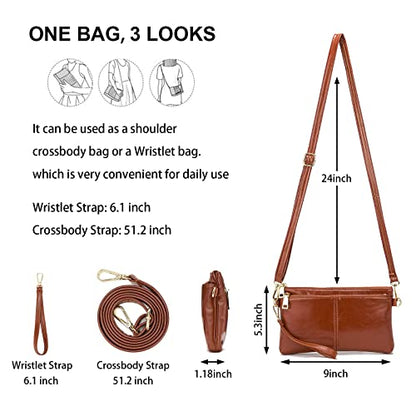 ZOOEASS Triple Zip Small Crossbody Bag Lightweight Purses Vegan Leather Wristlet Clutch, Includes Adjustable Shoulder - color: 1waxed Brown