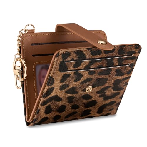 Small Wallet Women RFID, PU Leather Card Holder with Keychain | Slim Compact Zipper Coin Purse for Ladies, Travel Holiday Gifts for Mom, Cute Mini Bifold Wallets - color: Brown Leopard
