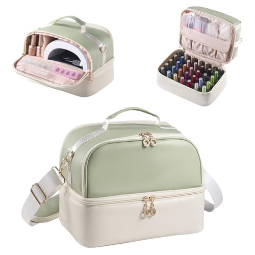 Nail Polish Organizer Holds 35 Bottles & Nail Lamp, Nail Organizers and Storage, Double Layer Nail Bag with Handle & Shoulder Strap for Travel, Nail Supplies Organizer for Manicure Kit (Green+Beige) - color: Green+Beige (35Bottles）
