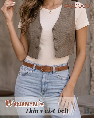JASGOOD Women Skinny Belt for Jeans Dresses Fashion Thin Waist Belt with Oval Pin Buckle 0.7" Width - color: Brown, size: Fit waist size 32''-36''