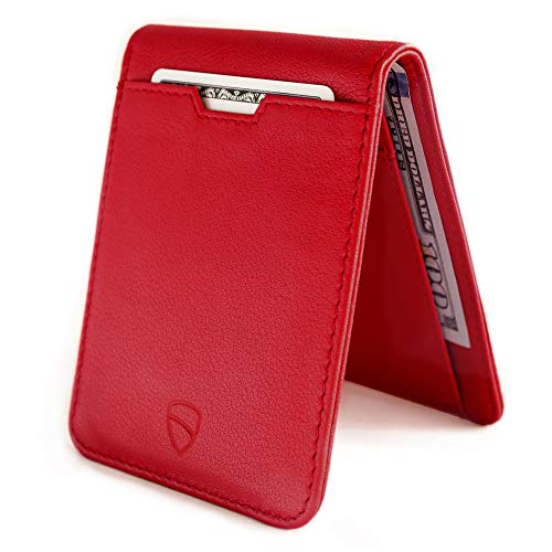 Vaultskin MANHATTAN Slim RFID Blocking Bifold Leather Wallet for Men - Men’s Leather Wallet, Front Pocket Minimalist Card Holder, Holds 9 Cards and Cash, Premium Italian Leather - color: Carmine Red