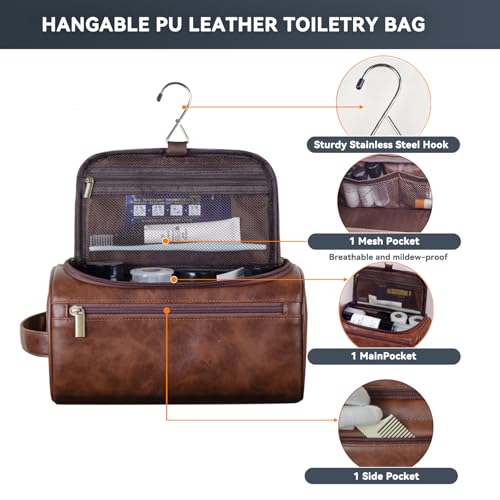 Toiletry Bag for Men,Small Leather Travel Pouch Bag with Hanging hook - color: Deep Brown