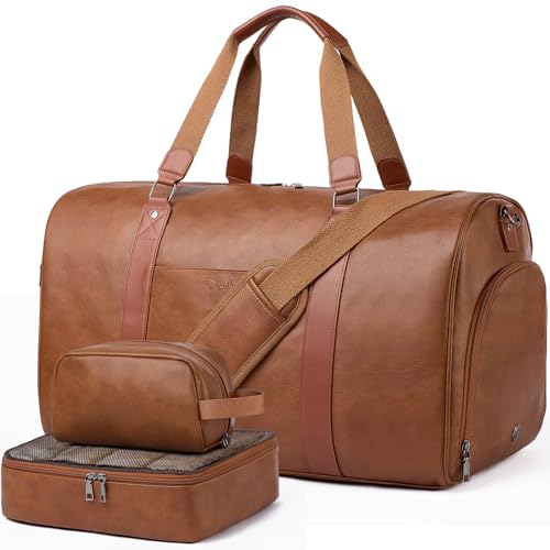 Large 3-in-1 Leather Duffle Bag for Travel Weekender Overnight Hospital Gym Bag for Men & Women, Carry On Airline Approved Personal Item Duffel Garment Bag Luggage with Shoe Compartment & Toiletry Bag - color: Light Brown