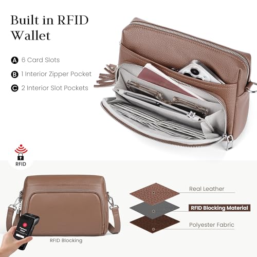 befen Genuine Leather Crossbody Bags for Women Leather Wallet Travel Purse | Real Leather, Purse with Built in Wallet, RFID Blocking Card Slots, Crossbody Bag with Wallet, Detachable Shoulder Strap - color: Mocha