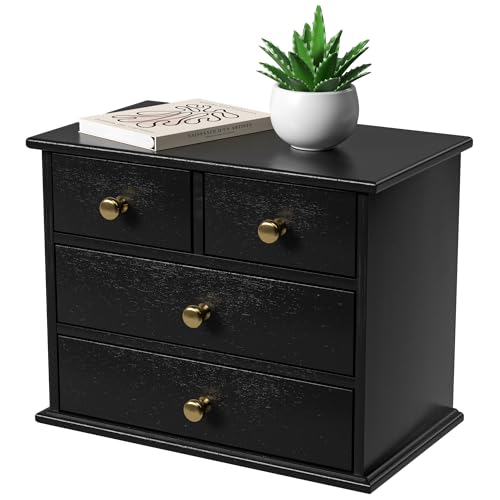 Oak Desk Organizer with Drawers, Durable Wooden Desktop Storage Box | 4 Drawer Tabletop Organizer with Metal Handles & Non-Slip Pads for Office, Bedroom, Bathroom, Vanity & Makeup Storage, Black - color: Black, size: 4 Drawers